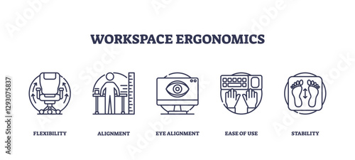 Workspace ergonomics focuses on flexibility, alignment, and ease of use, transparent background. Outline icons set.