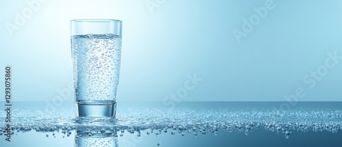 A glass of water is sitting on a table with a blue background