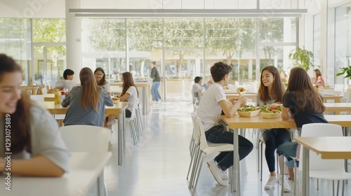School cafeteria with students enjoying veggie wraps. Featuring hummus, spinach, and cucumber in whole-grain wraps