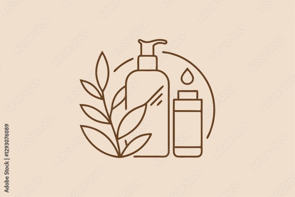 A simple line drawing showcases beauty products surrounded by botanical elements on a warm background, A minimalist logo featuring a single line drawing of a leaf A simple line drawing showcases beauty products surrounded by botanical elements on a warm background, A minimalist logo featuring a single line drawing of a leaf
