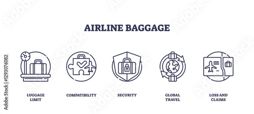 Airline baggage icons outline key concepts like luggage limit, security, and global travel, transparent background. Outline icons set