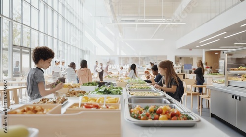 School cafeteria with students enjoying veggie-based dishes. Featuring fresh ingredients and positive socializing