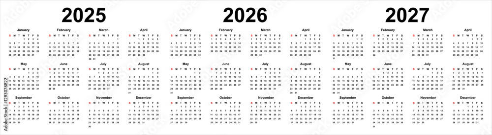 Calendar 2025, 2026, 2027 year - vector illustration template. Week starts on sunday. Calendar Set for 2025 2026 2027 years Calendar 2025, 2026, 2027 year - vector illustration template. Week starts on sunday. Calendar Set for 2025 2026 2027 years