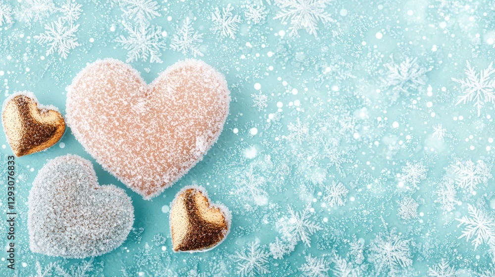 Obraz premium A heart-shaped object covered in white snow sits on a light blue background with scattered white snowflakes.