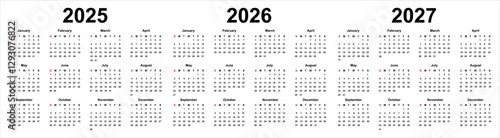 Calendar 2025, 2026, 2027 year - vector illustration template. Week starts on sunday. Calendar Set for 2025 2026 2027 years
