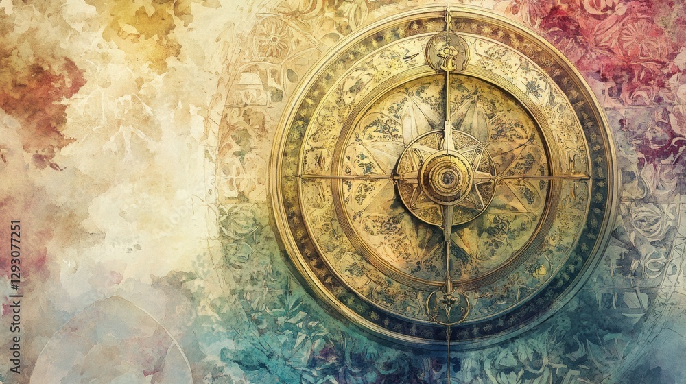 Naklejka premium Navigational Compass: An antique compass, intricately detailed and set against a backdrop of textured, aged parchment, evokes the spirit of exploration.