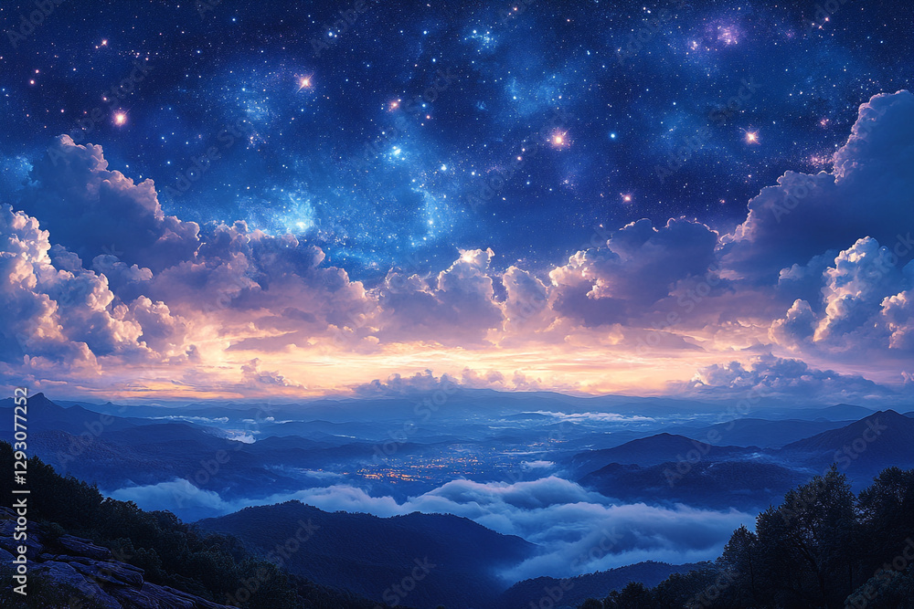 Naklejka premium Celestial Canopy Over Serene Mountains, A Night Dream's Vista