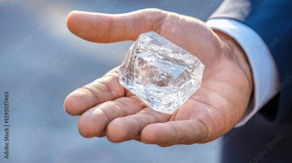 A hand holds a clear ice cube, showcasing its crystalline structure and glistening surface under natural light. A hand holds a clear ice cube, showcasing its crystalline structure and glistening surface under natural light.