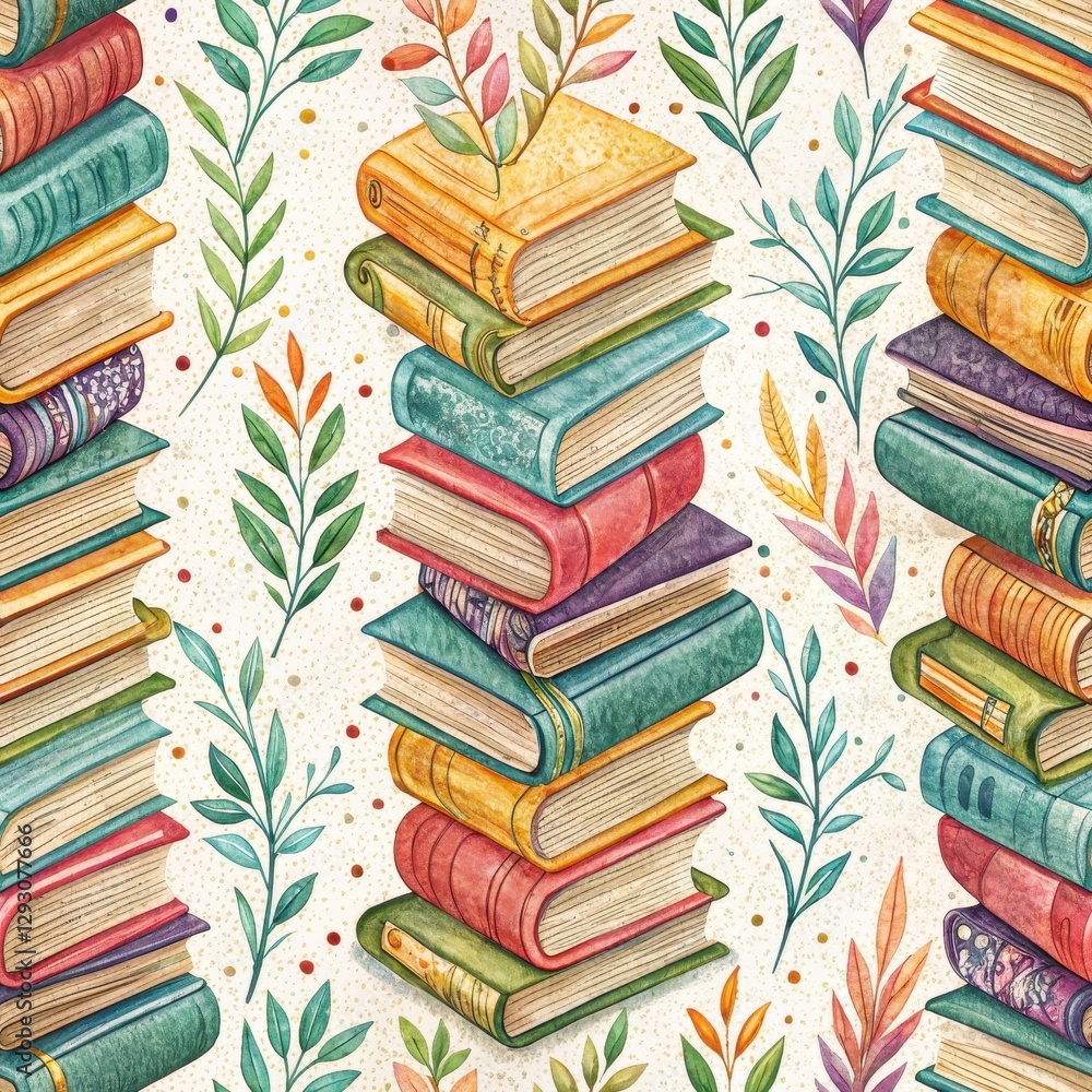 Seamless Stacked Books Illustration Cozy Reading Nook Decorative Art Bright Environment Aesthetic Viewpoint Seamless Stacked Books Illustration Cozy Reading Nook Decorative Art Bright Environment Aesthetic Viewpoint