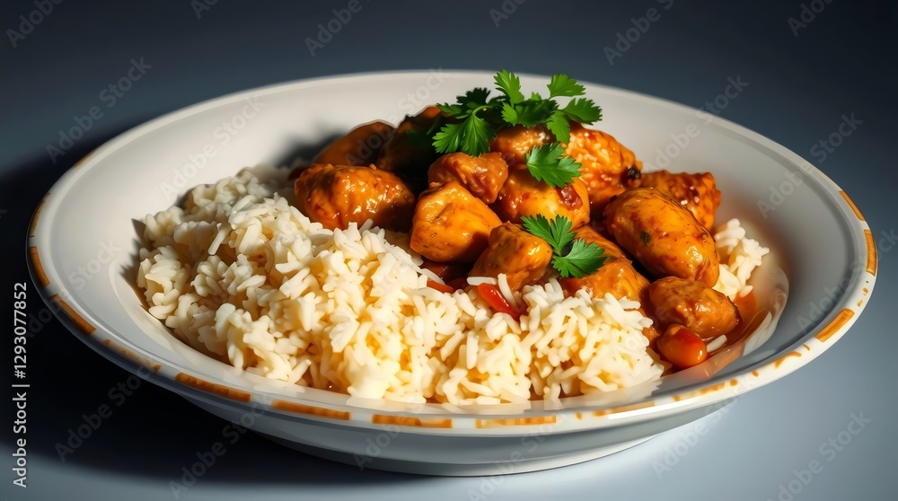 Delicious Chicken Curry with Steamed Rice Garnished with Fresh Cilantro is Perfect Comfort Food. Delicious Chicken Curry with Steamed Rice Garnished with Fresh Cilantro is Perfect Comfort Food.