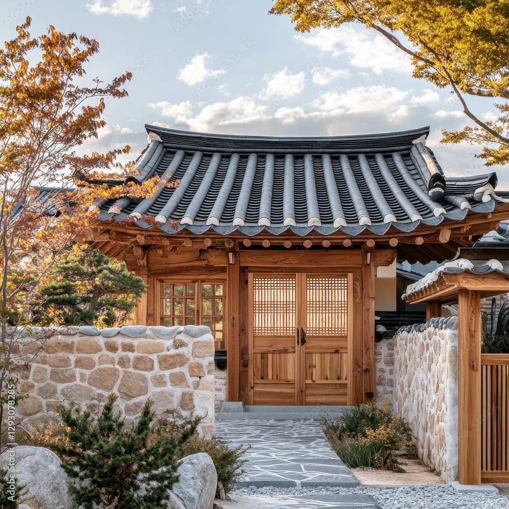 The image is a traditional wooden structure with a tiled roof The image is a traditional wooden structure with a tiled roof