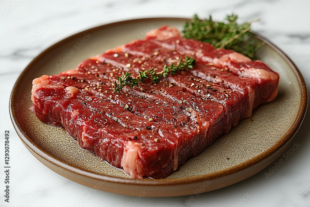 Marbled Sirloin Steak Perfection with Fresh Thyme Garnish Detail Marbled Sirloin Steak Perfection with Fresh Thyme Garnish Detail