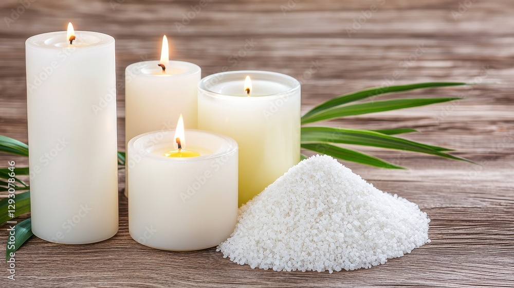 A serene arrangement of lit candles and a mound of white salt, set against a wooden background, creating a calming and peaceful ambiance. A serene arrangement of lit candles and a mound of white salt, set against a wooden background, creating a calming and peaceful ambiance.