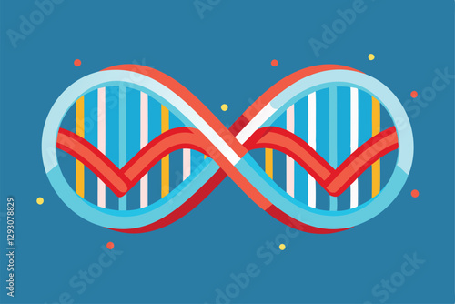 A colorful DNA strand is intricately designed, showcasing its unique helical structure on a blue background, Minimalistic illustration of a DNA strand forming a heart shape