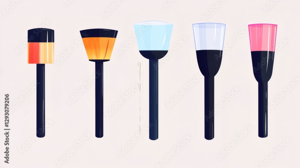 Variety of paintbrush designs and colors displayed on a neutral background in an artistic setup Variety of paintbrush designs and colors displayed on a neutral background in an artistic setup