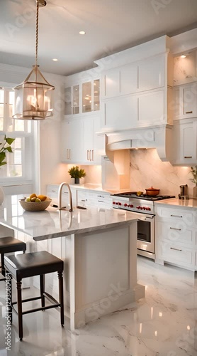 A spacious modern white kitchen with gleaming marble countertops, sleek stainless steel appliances, and soft under-cabinet lighting