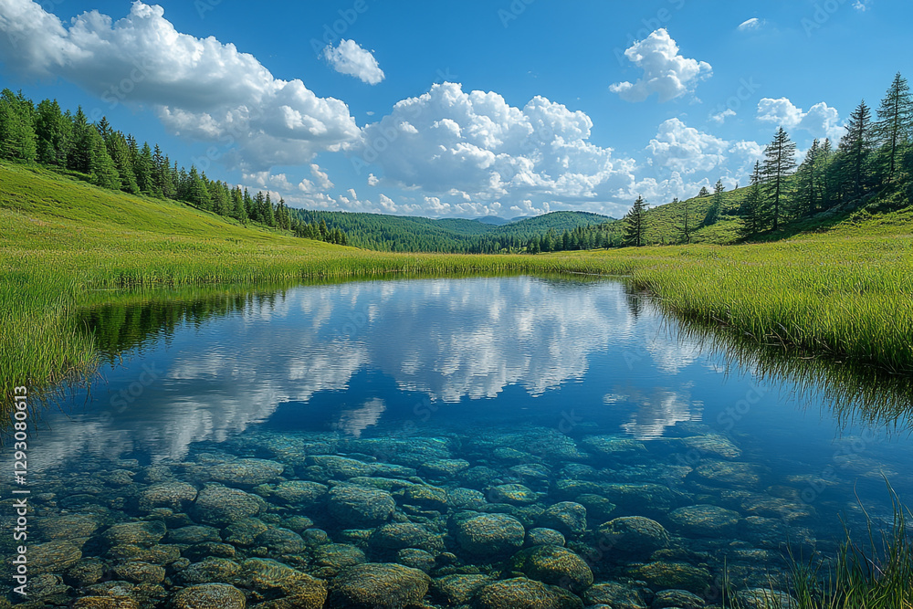 Fototapeta premium Mirror Lake Reflection of Azure Sky in verdant Valley Landscape