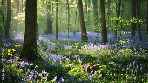 Serene Forest Landscape with Bluebell Flowers and Gentle Sunlight Streaming Through Trees
