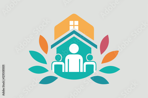 A colorful icon depicting a homeschooling support group with stylized houses and people in a caring environment, Icon for a homeschooling support group, minimalist simple modern vector logo design