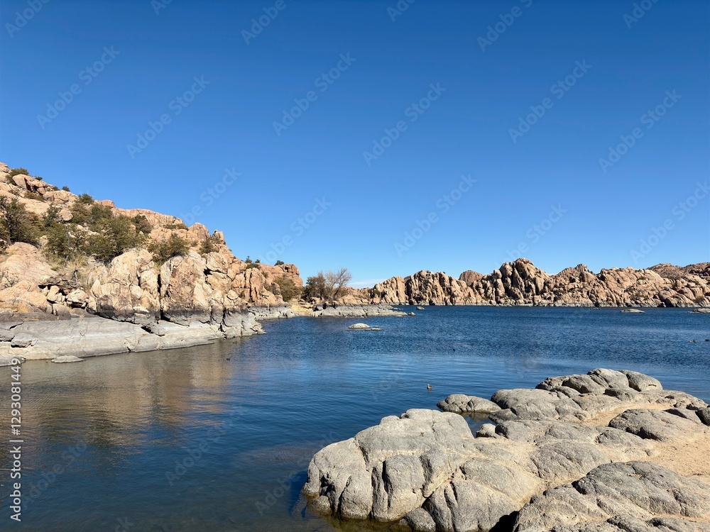 Clear blue waters and rock formations at Watson Lake in Prescott, AZ Clear blue waters and rock formations at Watson Lake in Prescott, AZ
