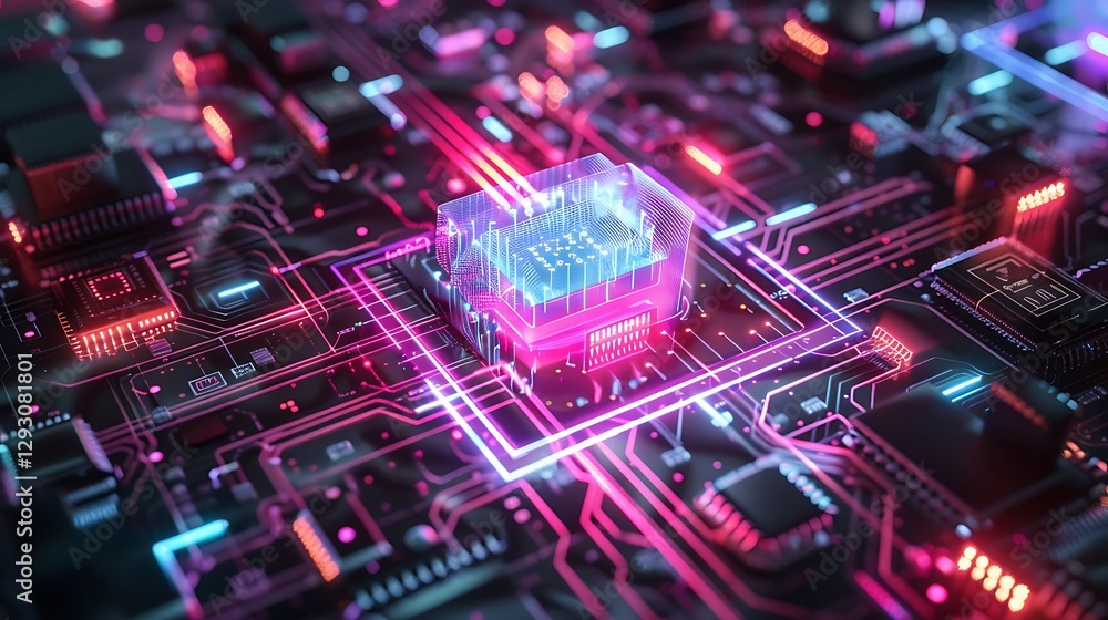 Fototapeta premium Futuristic Circuit Board with Glowing Chips and Neon Lights in Technology Concept