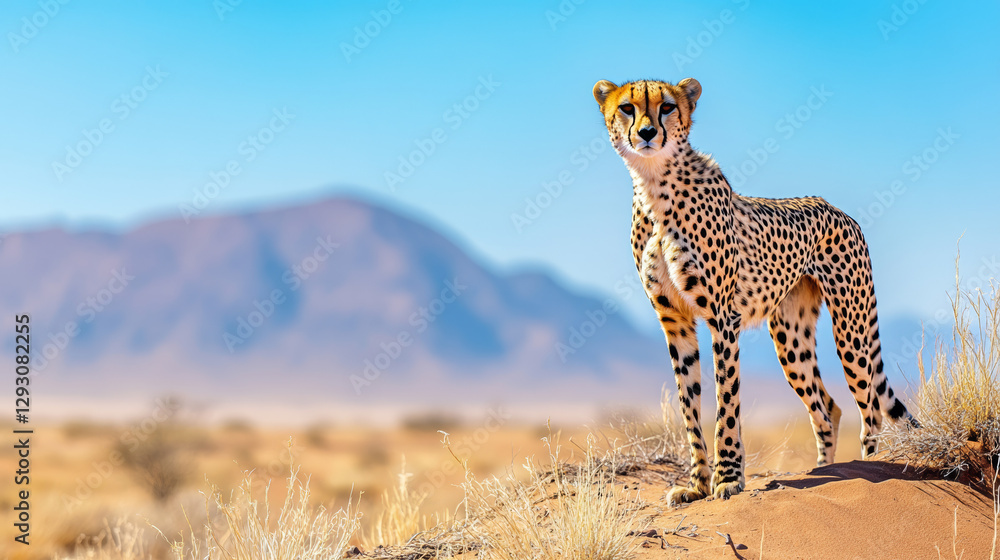 Obraz premium Majestic cheetah standing in the African desert with golden sand dunes and mountains in the background, symbolizing speed, agility, and wildlife conservation in a natural habitat