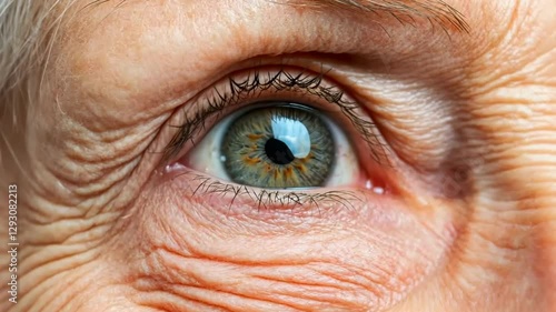Close-up of old woman's eye, wrinkles. Macro Eye of Female Senior. Detail of older woman with green eyes. Elderly person look up side view. Wrinkled face of aged lady. Optical symptoms, health concept