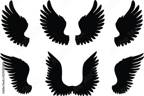 Wing icon set, angel wing silhouette vector