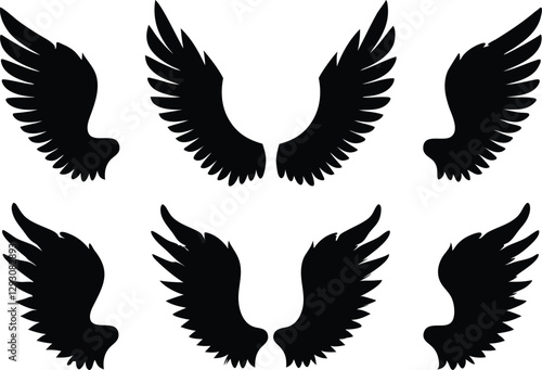 Wing icon set, angel wing silhouette vector