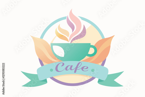 A stylish cafe logo showcases a steaming cup with pastel colors and soft gradients, exuding warmth and charm, Play with pastel colors and soft gradients for a soothing cafe logo