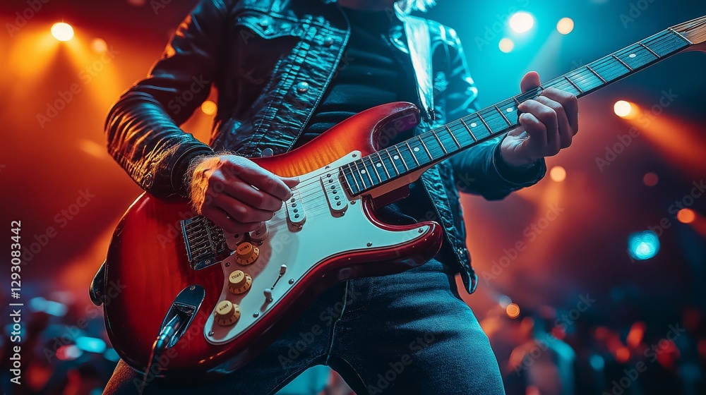 Obraz premium Guitarist playing classic electric guitar on stage under bright spotlights