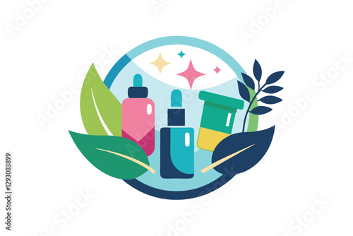 A bright and vibrant logo showcases skincare products amidst refreshing green leaves and sparkling elements, Produce a clean and memorable logo for a beauty products e-commerce site