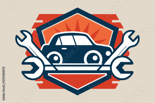 This design features a simple yet effective representation of a vehicle, flanked by two wrenches, Produce a minimalist icon symbolizing vehicle repair, minimalist simple modern vector logo design