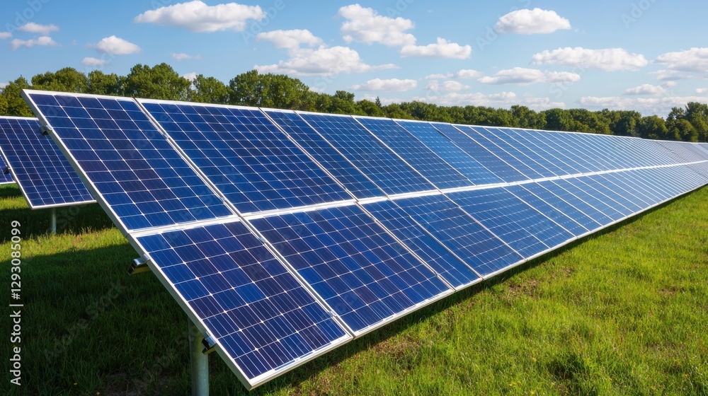 A sunny field showcases rows of blue solar panels, harnessing renewable energy for a sustainable future. A sunny field showcases rows of blue solar panels, harnessing renewable energy for a sustainable future.