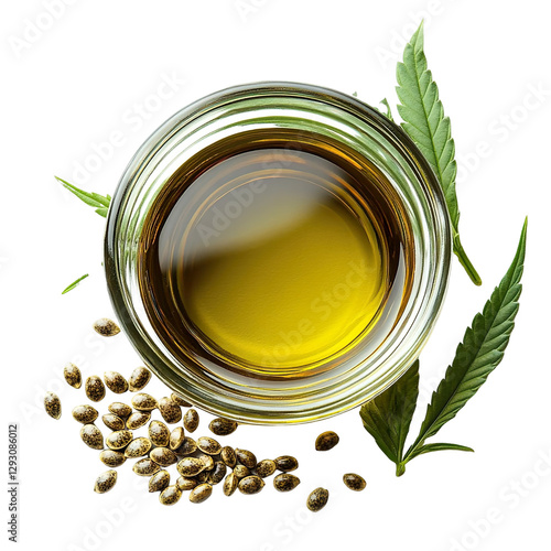 Top view of a perfectly beautiful hyperrealistic single glass bowl of hemp seed oil with hemp seeds and hemp leaves isolated on a white transparent background