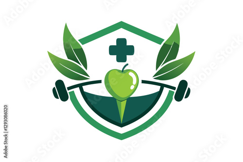 A logo combines an apple and weights, conveying health and fitness with a vibrant green color scheme, Produce a simple yet impactful logo that symbolizes the dedication to a healthy lifestyle