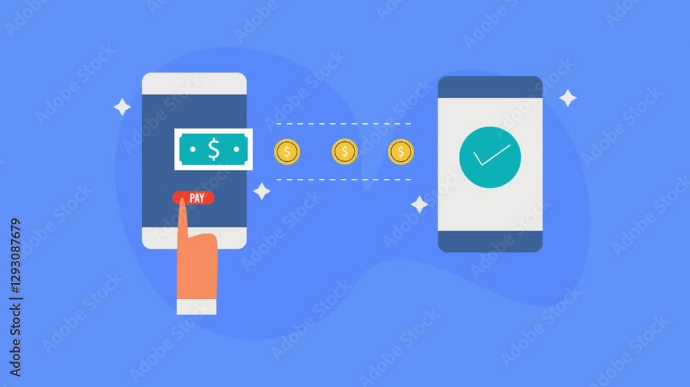 Money transfer using banking app between two mobile phones. Send money securely from smartphone device, financial transaction.