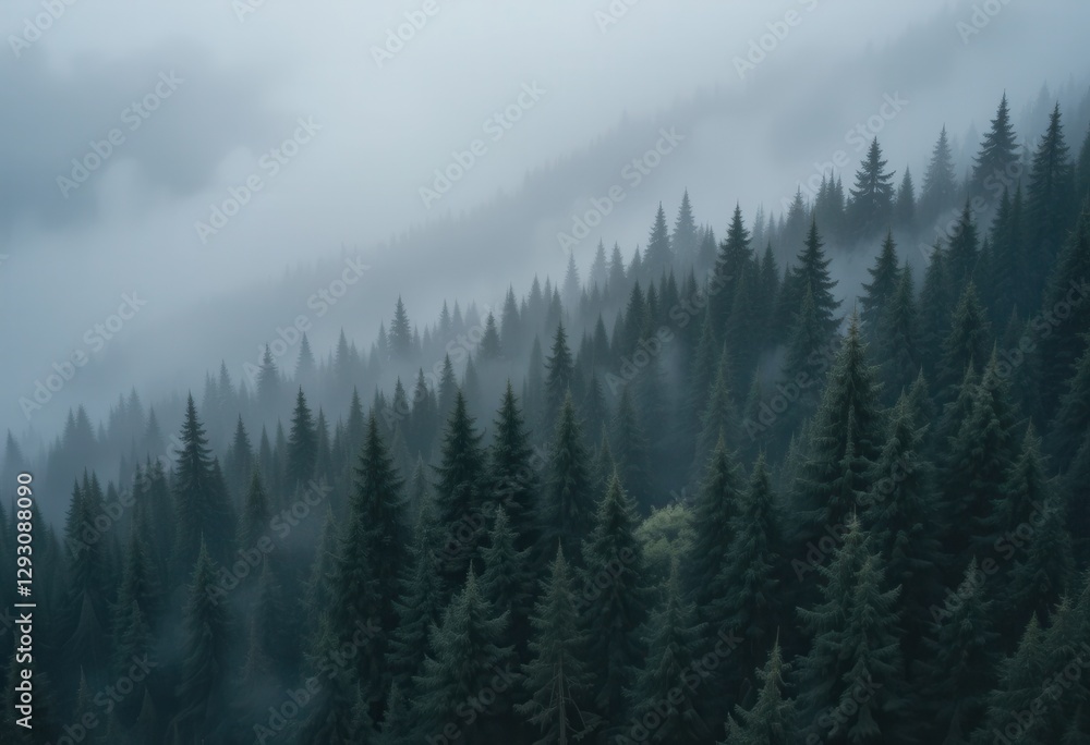 Misty green forest landscape at dawn in serene atmosphere Misty green forest landscape at dawn in serene atmosphere