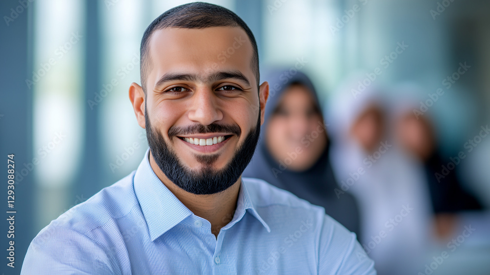 Portrait of a smiling man in a professional setting with colleagues in the background, showcasing teamwork and diversity in the workplace. Portrait of a smiling man in a professional setting with colleagues in the background, showcasing teamwork and diversity in the workplace.
