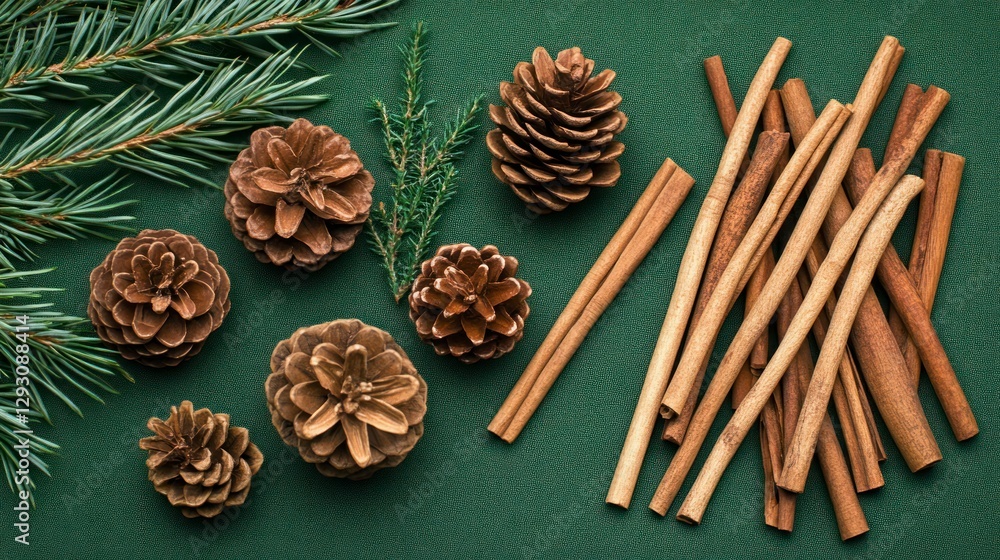 A green background with pine branches, cinnamon sticks, and pine cones on the right side of the photo, in a flat lay composition A green background with pine branches, cinnamon sticks, and pine cones on the right side of the photo, in a flat lay composition