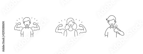 Illustrated icons representing strength, empowerment, and confidence. Features a strong man flexing muscles, a powerful woman showcasing strength, and a confident man giving a thumbs-up.