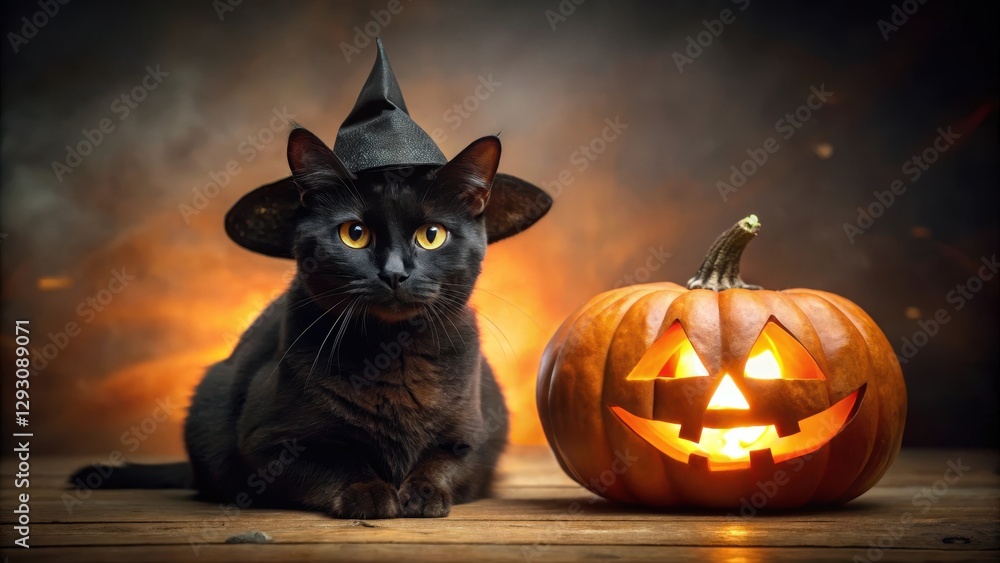 Black cat in witch hat with eerie gaze at glowing jack-o-lantern , witch hat, pumpkin, witch hat Black cat in witch hat with eerie gaze at glowing jack-o-lantern , witch hat, pumpkin, witch hat