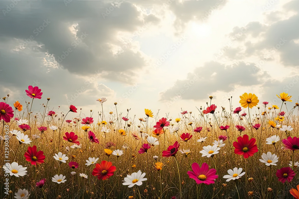 Beautiful Wildflower Meadow Blooming Under a Dramatic Cloudy Sky with Soft Sunlight and a Serene Countryside Atmosphere Creating a Dreamy and Picturesque Landscape Beautiful Wildflower Meadow Blooming Under a Dramatic Cloudy Sky with Soft Sunlight and a Serene Countryside Atmosphere Creating a Dreamy and Picturesque Landscape