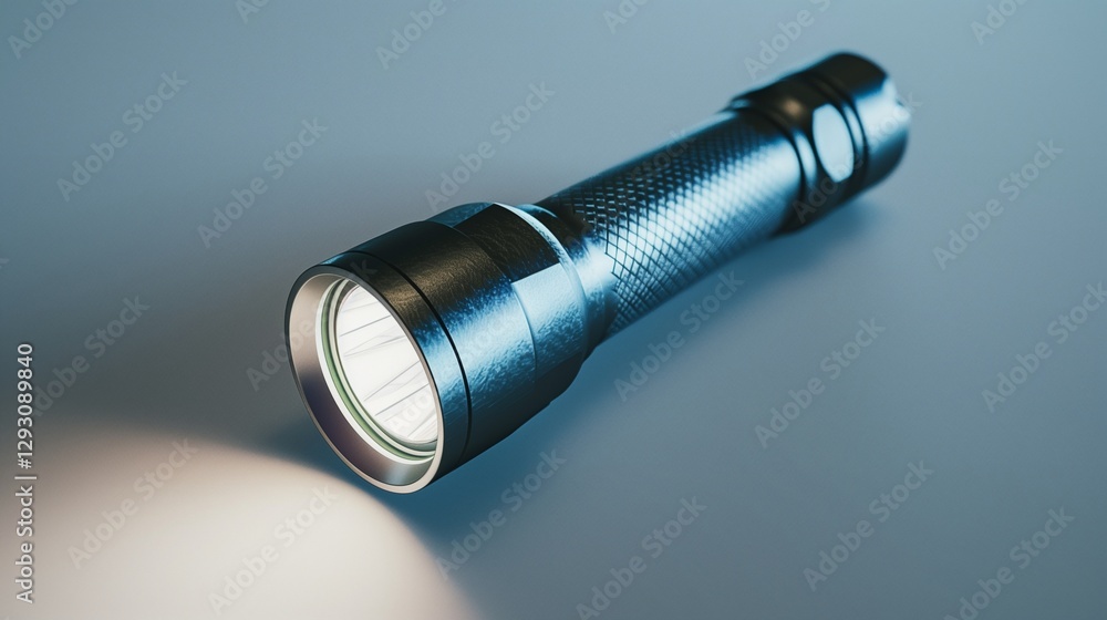 A simple LED flashlight, with a smooth metallic body, isolated on a white surface. A simple LED flashlight, with a smooth metallic body, isolated on a white surface.