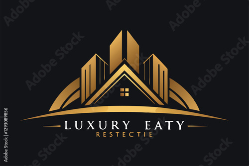 A sophisticated logo design showcasing a sleek house silhouette above stylized buildings in gold, Sleek and sophisticated branding for a luxury real estate company