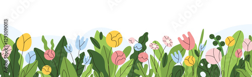 Floral border decoration. Field flowers, horizontal design with blooming plants, leaves. Meadow nature, spring and summer blossoms, wildflowers. Flat vector illustration isolated on white background