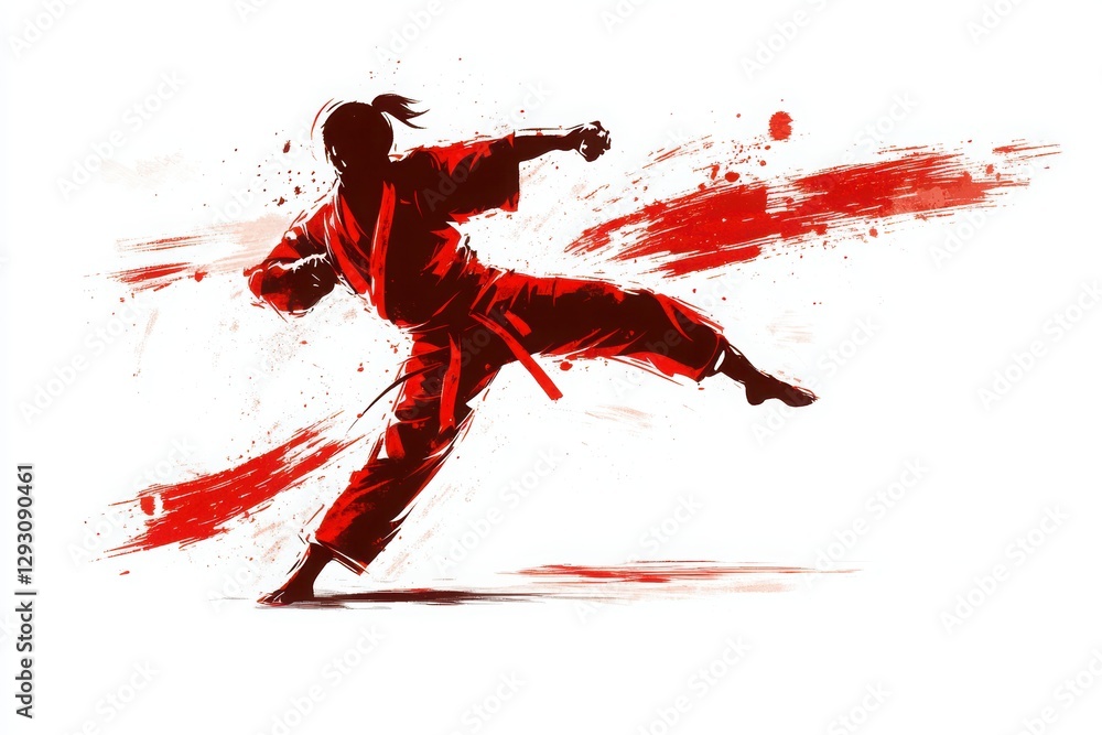 Martial Arts Silhouette: Dynamic illustration of a martial artist in motion, showcasing a powerful kick, accentuated with splashes of red, capturing the energy and spirit of discipline and strength Martial Arts Silhouette: Dynamic illustration of a martial artist in motion, showcasing a powerful kick, accentuated with splashes of red, capturing the energy and spirit of discipline and strength