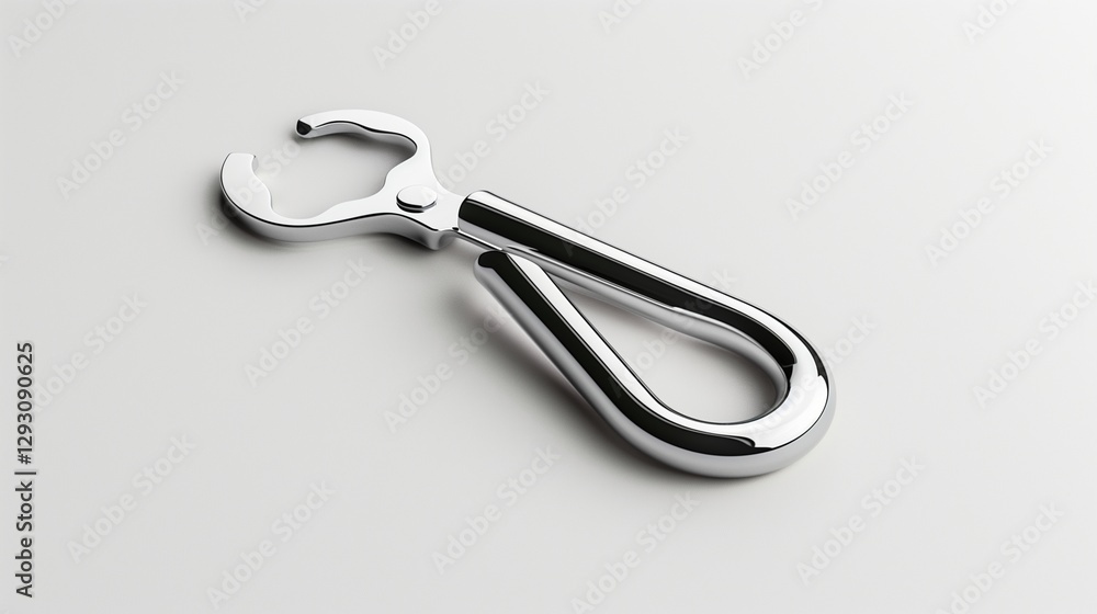 A sleek, modern bottle opener with a shiny metal finish, isolated against a clean white backdrop. A sleek, modern bottle opener with a shiny metal finish, isolated against a clean white backdrop.