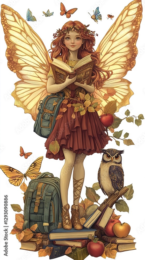 Fototapeta premium Autumn Fairy Schoolgirl with Backpack and Books