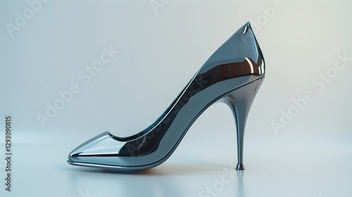 A sleek pair of high-heeled female shoes with a glossy finish, resting on a smooth white surface.